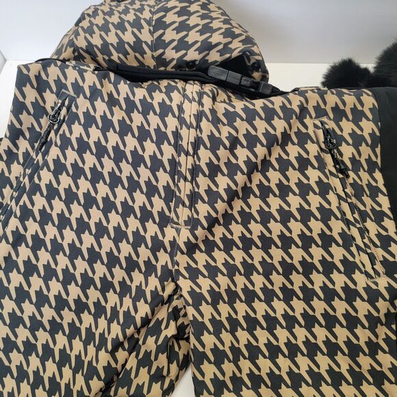 Gsou Snow Women's Slim-Fit Stretch Faux Fur Tan Houndstooth One-Piece Ski Suit S - Picture 9 of 16